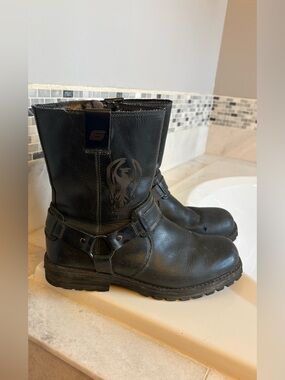 Skechers Men’s Black Leather Harness Motorcycle Boots